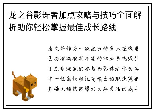 龙之谷影舞者加点攻略与技巧全面解析助你轻松掌握最佳成长路线